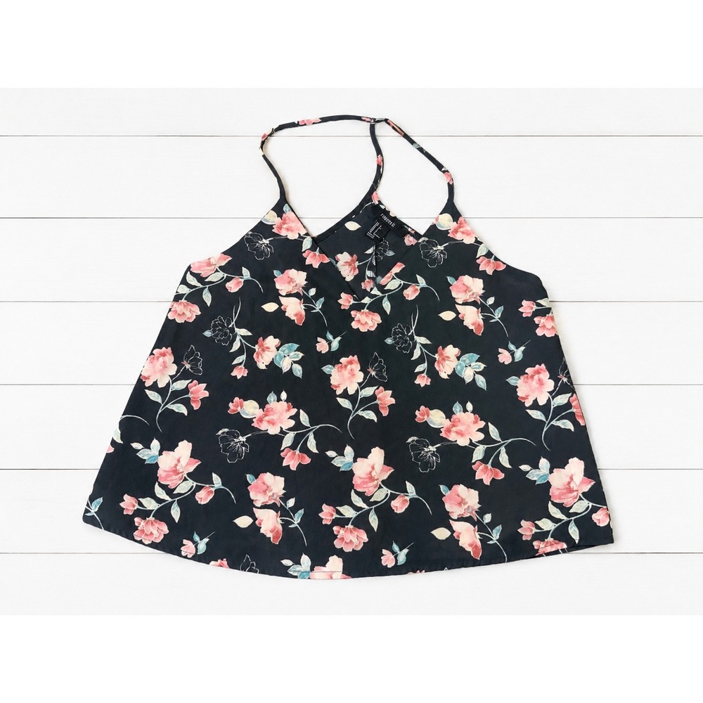 Forever 21 Floral Cami Tank Top Womens Small Navy Pink V-Neck Racerback T-Strap